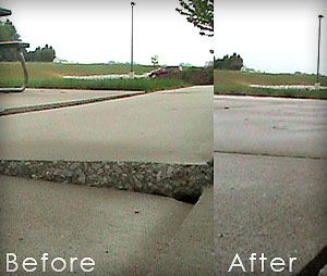 A sunken concrete slab lifted level — before and after